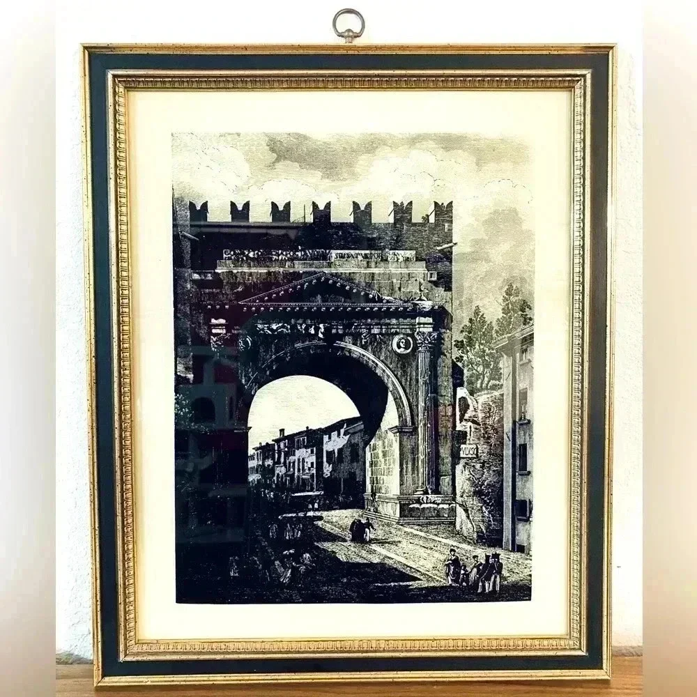 Vintage MCM Turner Hand Colored Italian Scene Glass Framed Artwork